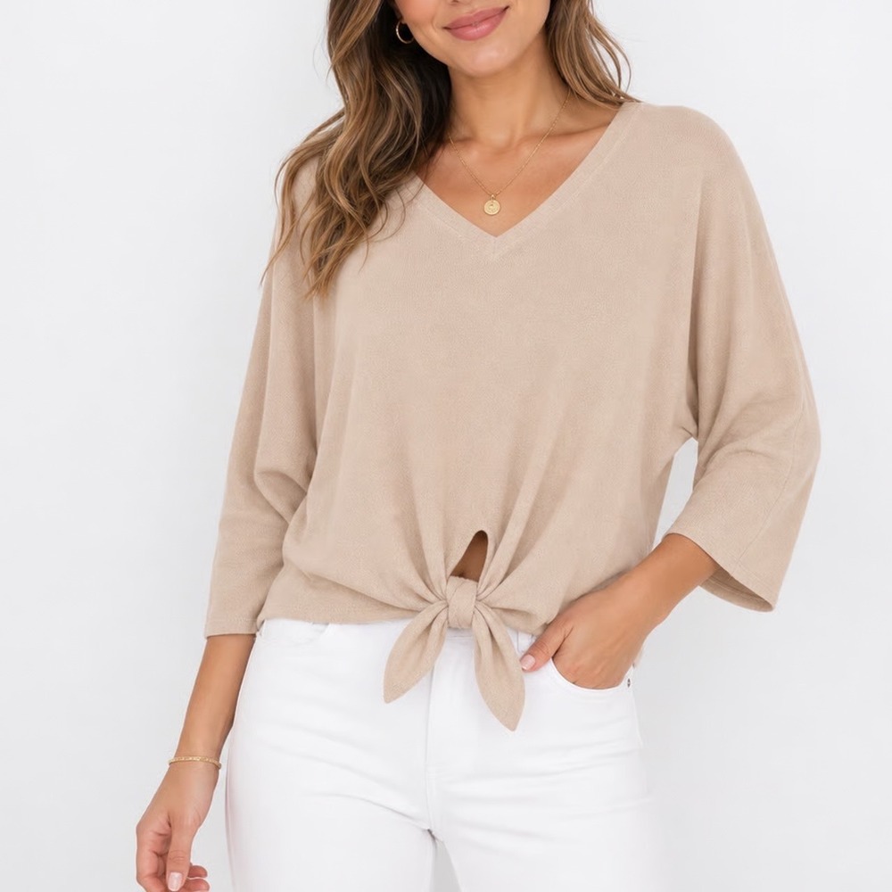 Six/Fifty Womens V Neck Tie Front Top Beige Long Sleeve Dolman Small